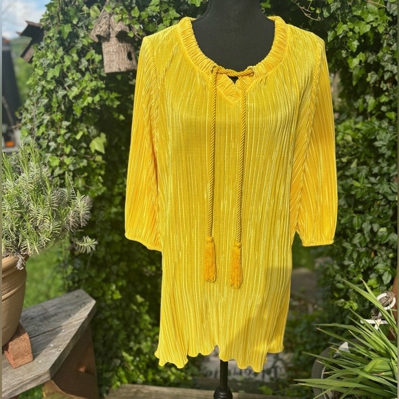 JOAN RIVERS CASUAL PARTY YELLOW ACCORDION PLEATED TASSEL TIE MINI DRESS SZ M - Picture 8 of 8